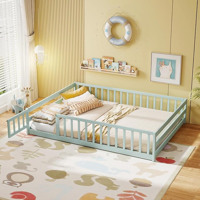 KOMFOTT Full Size Wood Floor Bed with Door & Fence, Montessori Bed Frame with Full Length Safety Guardrails, Door & Latch, Wooden Montessori Floor Bed for Kids, Girls, Boys (Full,Light Green)