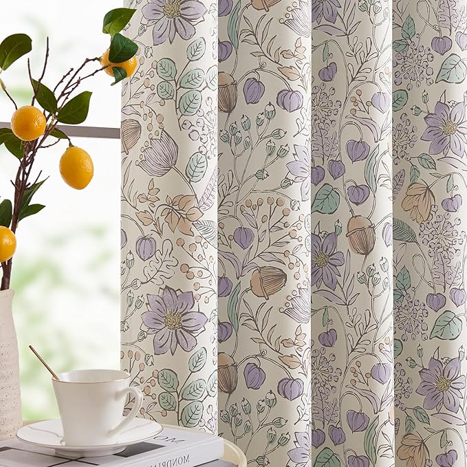 jinchan Nursery Curtains 95% Blackout Purple Floral Curtains for Girls Room, 84 Inch Length Farmhouse Drapes for Bedroom Living Room Darkening Window Treatment Grommet Top Set of 2 Panels