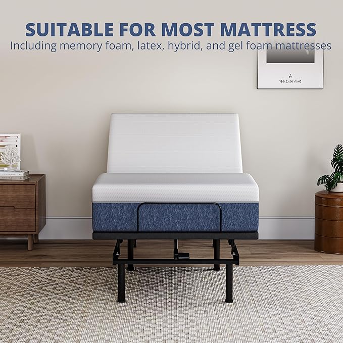 EGOHOME Twin XL Adjustable Bed Frame and 14 inch Charcoal Gel Memory Foam Mattress, Independent Head and Foot Incline with Massage, Wireless Remote, Zero Gravity, Adjustable Legs, No Headboard
