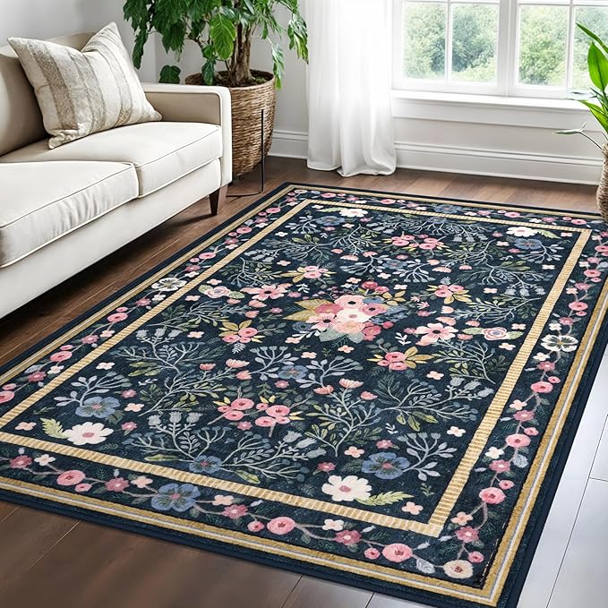 Area Rugs for Living Room 5x7, Washable Non-Slip Thin Floral Vintage Boho Rug for Bedroom Dining Room Office, Soft Rug Indoor Lightweight Carpet, Blue/Multi