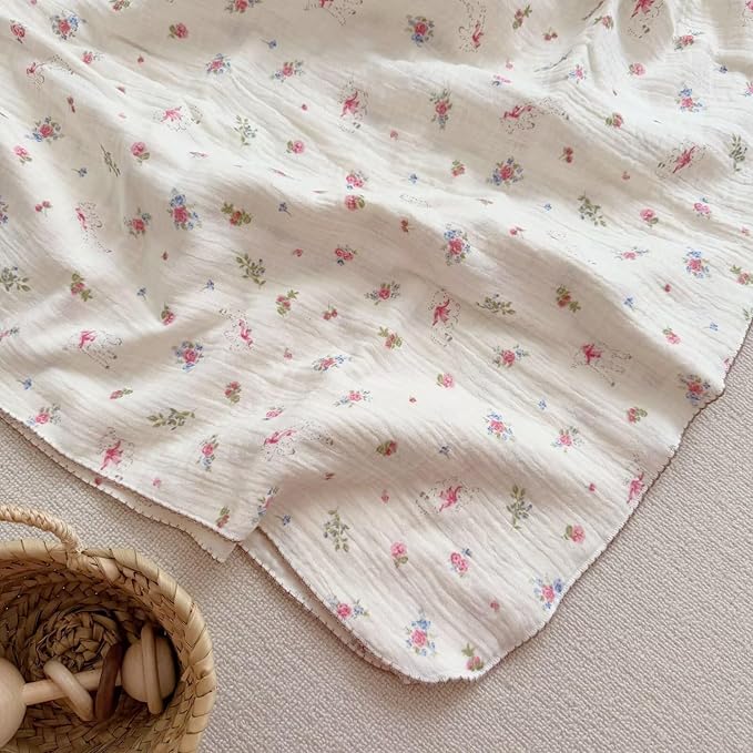 BuLuTu Muslin Cotton Baby Blanket, Cute Sheep Pink Floral Print, Large Crib Toddler Bed Blanket 47x51 Inch, Shabby Chic Style Nursery Blankets for Girls Boys, Soft Breathable