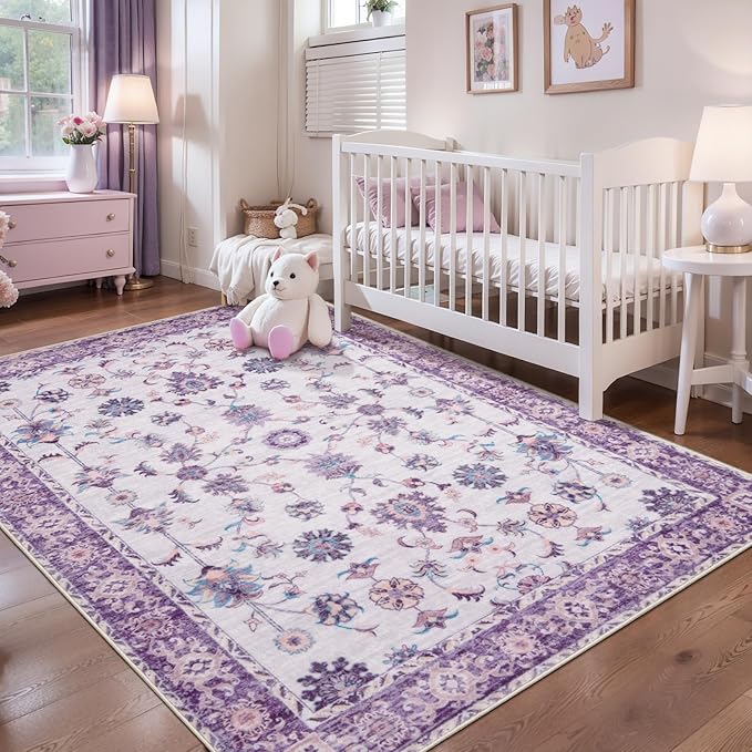 Tangsoo 4x6 Washable Area Rugs Non Slip, Boho Distressed Vintage Purple Floral Throw Rug for Bedroom Nursery, Soft Low Pile Floor Carpet Indoor Mat for Entrance Bedside Kitchen Office Farmhouse