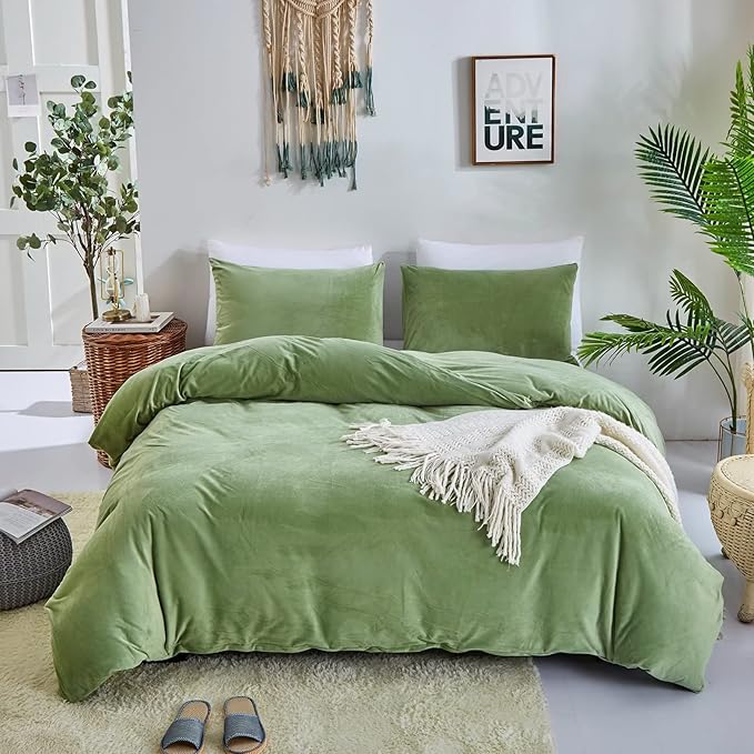 Houseri Sage Green Velvet Duvet Cover Queen Size - Light Green Fluffy Comforter Cover Full Size - Warm Micromink Sherpa Bedding Set