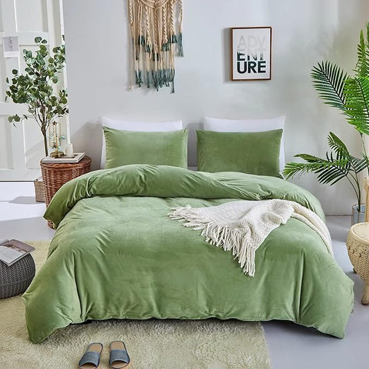 Houseri Sage Green Velvet Duvet Cover Queen Size - Light Green Fluffy Comforter Cover Full Size - Warm Micromink Sherpa Bedding Set