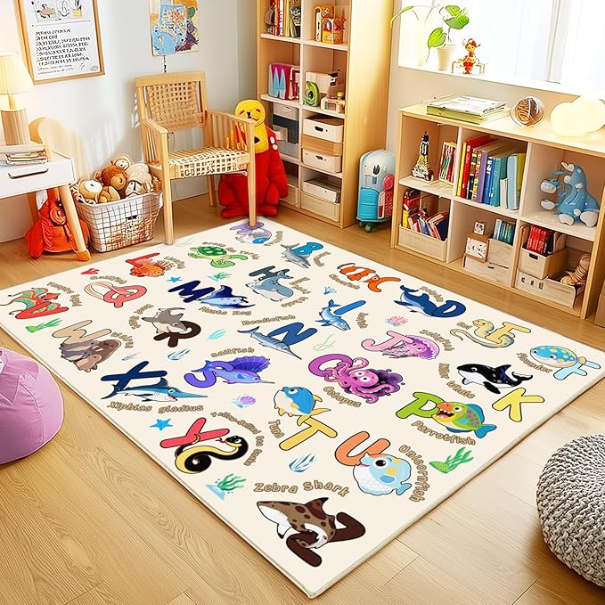 Kids Rugs for Playroom, 8x10 Ft Educational Rug for Learn The ABC Alphabet, Soft Machine Washable Non-Slip Cute Marine Organisms Carpet for Classroom Toddler Nursery Kids Room Decor, Beige
