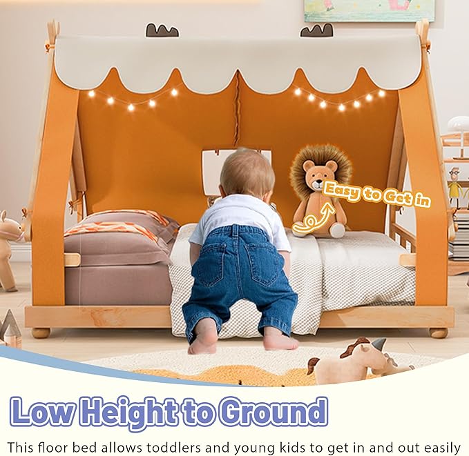Full Size Floor Bed with Tent and Light, Wooden Montessori Bed Frame with Roof Design, Low Profile Beds for Kids, Boys and Girls, Brown