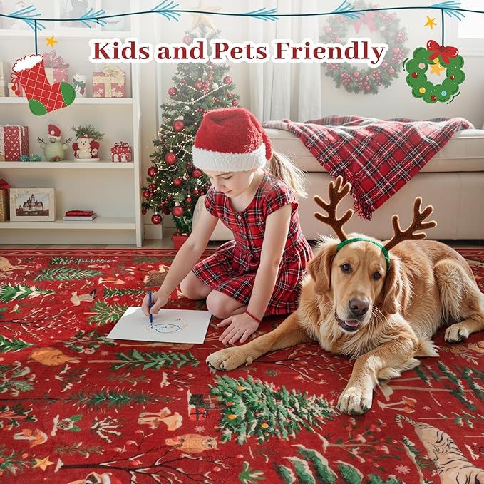 OJIA Christmas Area Rug 8x10 Red Animal Living Room Carpet Bedroom Throw Rug, Holiday Washable Rugs Non-Slip Soft Low Pile Kids Nursery Rug Large Carpet for Playroom Dining Room Home Decor