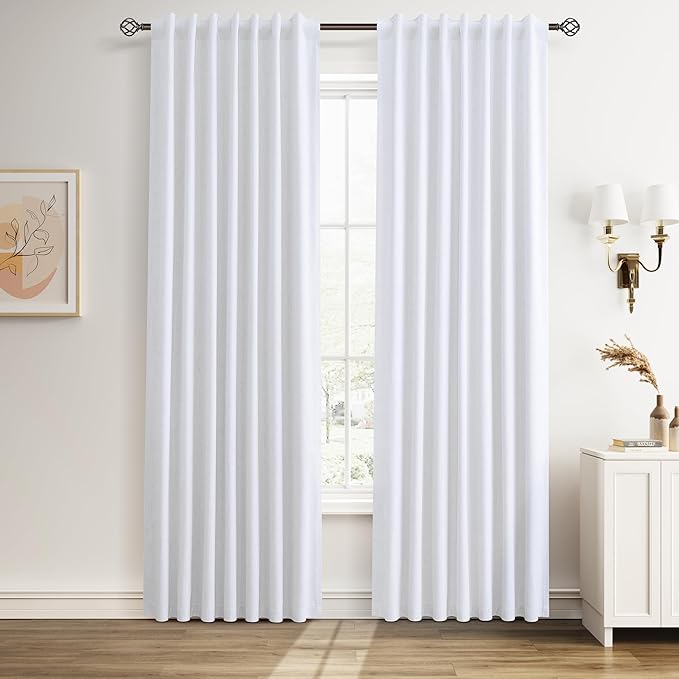 Guken Beige White 100% Blackout Linen Textured Curtains 84 Inches Long 2 Panels Back Tab Hook Belt Country Farmhouse Room Darkening Thermal Insulated Noise Reducing Curtain Living Room Bedroom 52x84