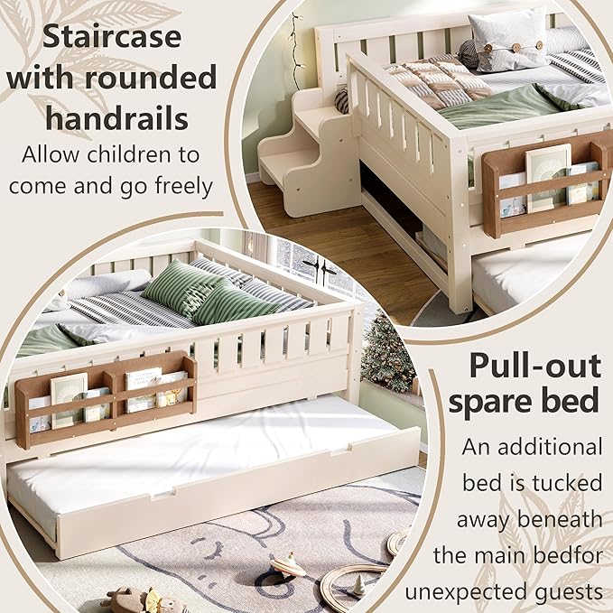 Bellemave Full Bed with Trundle and Stairs, Full Size Platform Bed Frame with Fence and Bookshelf, Easy Assemble Beds for Kids, Girls, Boys, Beige