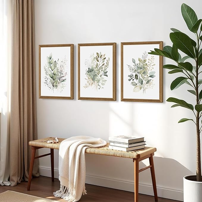 WRFON Watercolor Botanical Wall Art Set of 3 Boho Sage Green Wildflower Canvas Wall Art Prints Modern Floral Wall Decor for Bedroom Living Room Bathroom Decorations Wood Framed 16x24 Inches