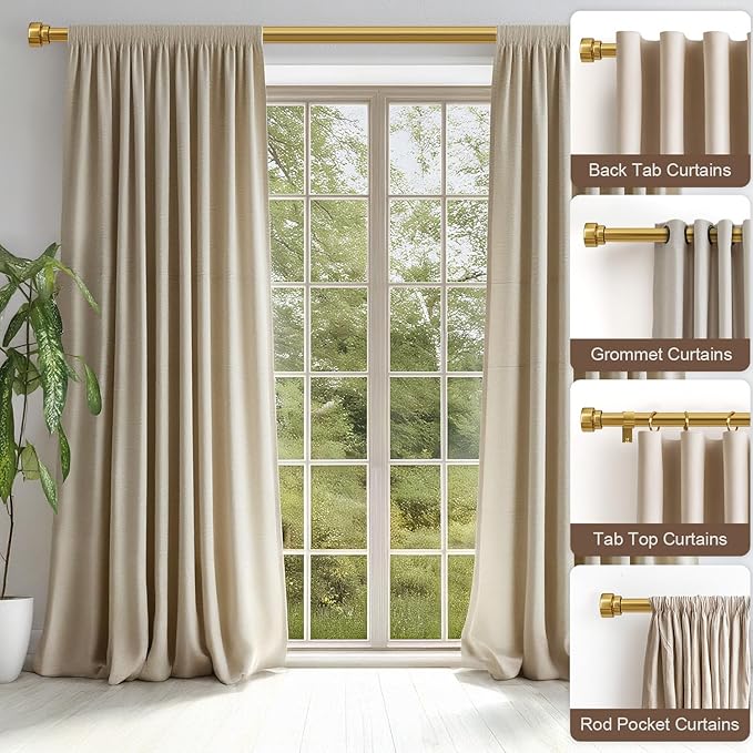 Gold Curtain Rods for Windows 66 to 120 Adjustable Modern Curtain Rod 1 inch Diameter Heavy Duty with Solid Metal Finials for Living Room Bedroom Farmhouse Outdoor Patio
