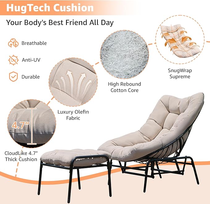 NATURAL EXPRESSIONS Lounge Chair Outdoor with Ottoman, 2-Piece Gentle Rocking Chaise Lounge Set, 4.7" Olefin Cushion & Sturdy Frame, Glider Rocking Chair for Indoor Outdoor Use