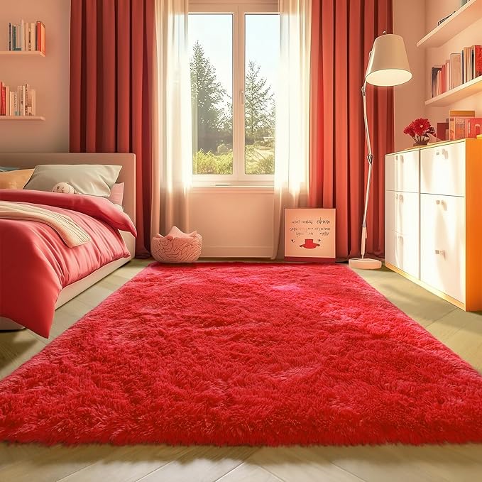 ONASAR Red Rugs for Living Room Bedroom, 5x8 Washable Fluffy Bedside Area Rug, Soft Plush Shaggy Indoor Floor Carpet for Nursery Kids Girls Boys Teen Dorm Home Office Decor Aesthetic