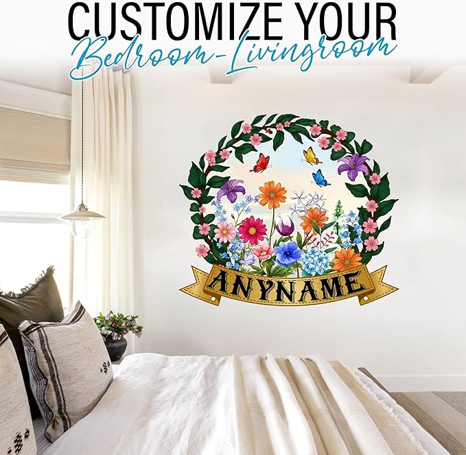 Custom Name Wall Decal Personalized Colorful Floral Butterfly Name Transparent DTF Vinyl Removable Nursery Wall Decals for Baby Kids Room, Teen Bedroom, Window, Cute Home Decor Gifts