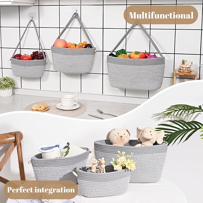 Hanging Storage Baskets, 3-Tier Over the Door Basket, Cotton Wall Baskets Storage, Detachable Hanging Door Basket with 4 Hooks, Over the Door Organizer Nursery for Bedroom, Living Room, Bathroom Wall