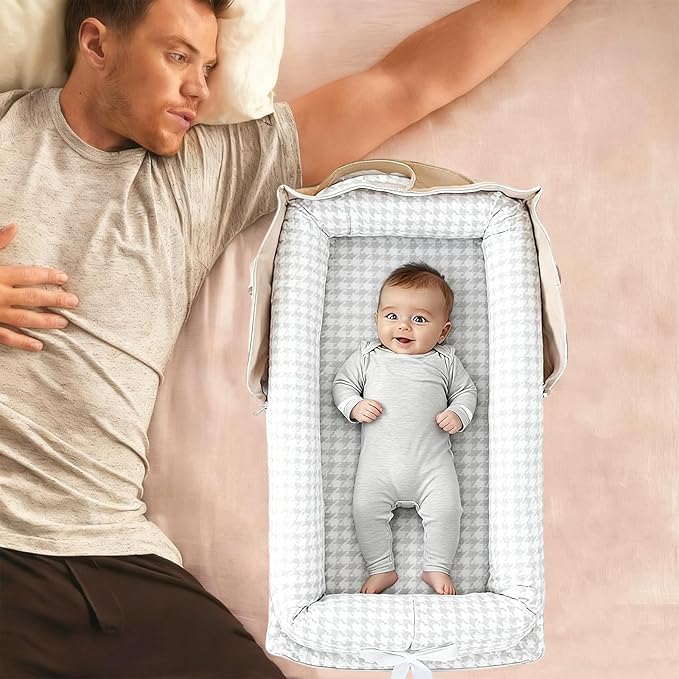 Baby Lounger for Newborn Portable Bag,Baby Nest Play Gym mat with Strap,Newborn Lounger Adjustable Size & Inner Zipper Lengthen Space to 24 Months(Gray Thousand Bird Check)