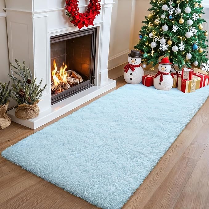 Merelax Soft Fluffy Rugs for Bedroom Living Room, 2x6 Hallway Runner Rugs, Furry Shag Bedside Area Rug Indoor Accent Floor Carpet, Plush Fuzzy Rug for Dorm Nursery Kids Room Decor, Baby Blue