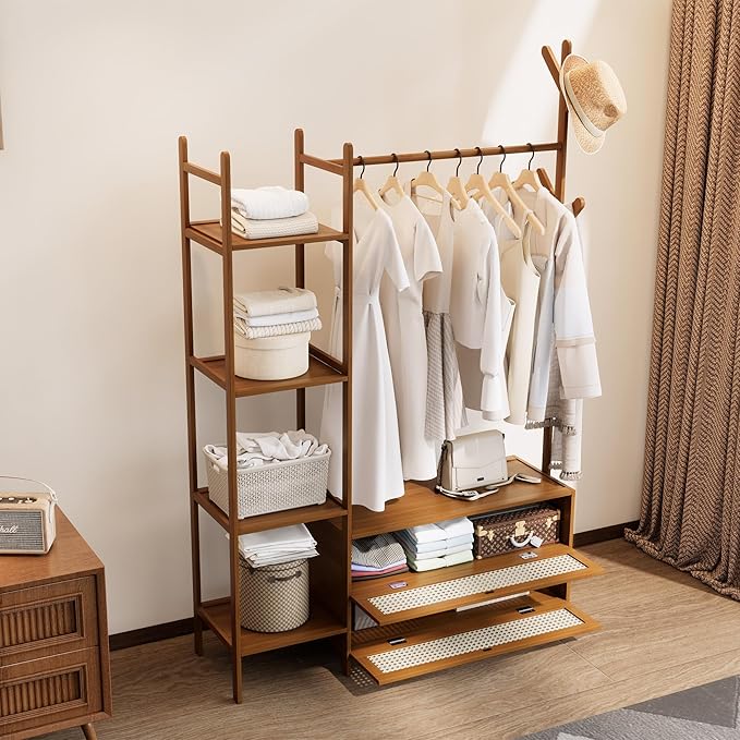 Bamboo Clothes Rack,Garment Rack with Drawers and Shelves,5 Tier Storage Shelves with 6 Hanging Hooks,Wardrobe Closet for Entryway Guestroom Kids Bedroom (39.4inch Width Tawny with Rattan Door)