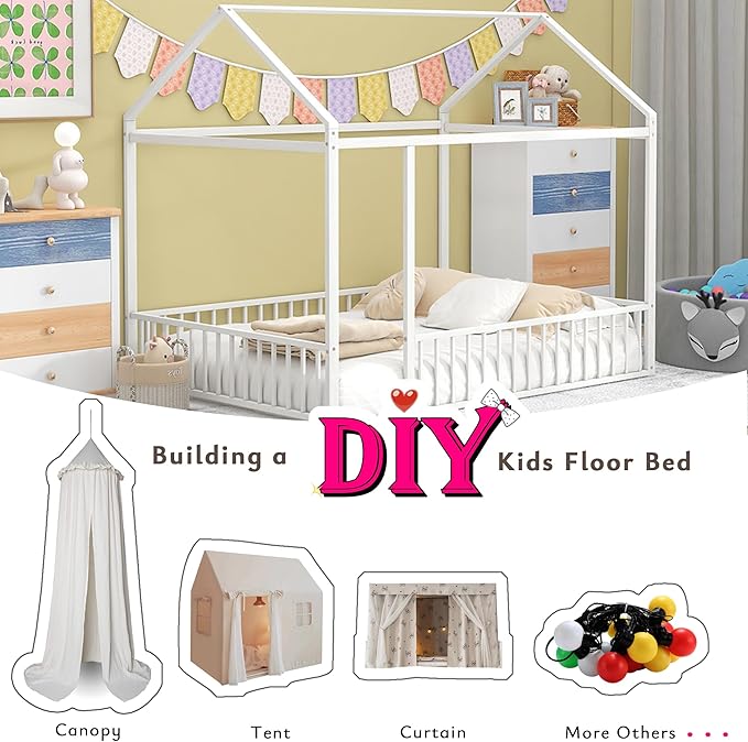 Bellemave Full Size Montessori Floor Bed, Metal House Bed Framefor Kids, Montessori Floor Beds with Fence, Playhouse for Kids, White