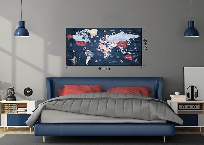 ZHAOSHOP Blue World Map Wall-Art For Office - Large World Maps For Wall - Canvas Wall Art Stretched and Framed Ready to Hang Size 40" x 20"