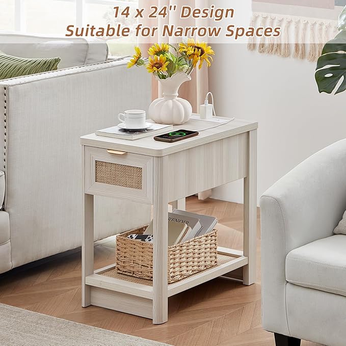 Lerliuo Narrow Night Stand with Charging Station, Boho Nightstand with Drawer, Bed Side End Table with Rattan Shelf for Small Spaces, Wood Nightstands Bedside Tables for Living Room Bedroom