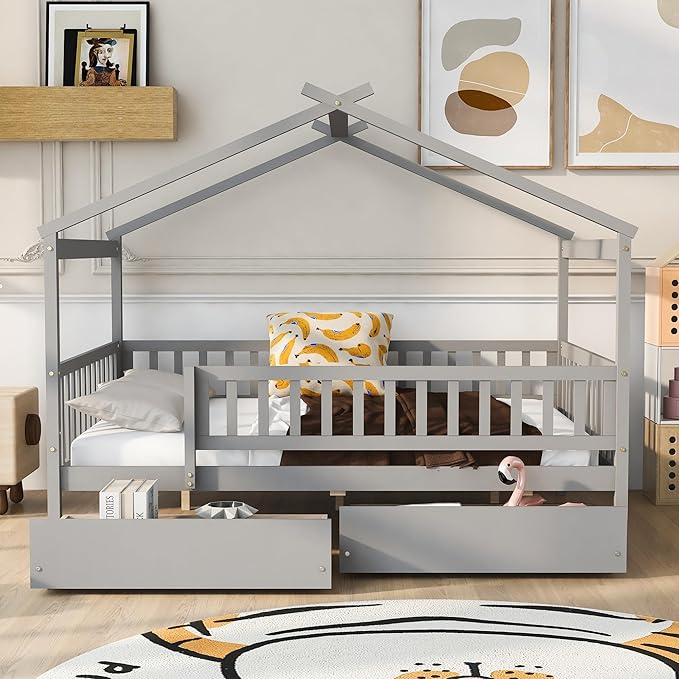 Full House Bed with 2 Storage Drawers, Kids Full Bed Frame with Rails and Roof, Tent Bed, Wooden Full Daybed, Full Montessori Bed for Kids Teens Girls & Boys, No Box Spring Needed (Gray)