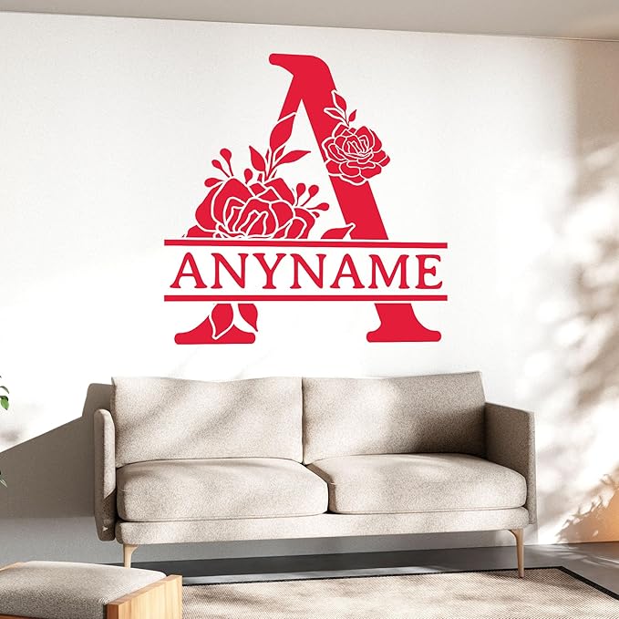 Custom Name Wall Decal Personalized Floral Alphabet Letter Name Transparent DTF Vinyl Removable Nursery Wall Decals for Kids Room, Teen Bedroom, Car, Cute Home Decor Gifts