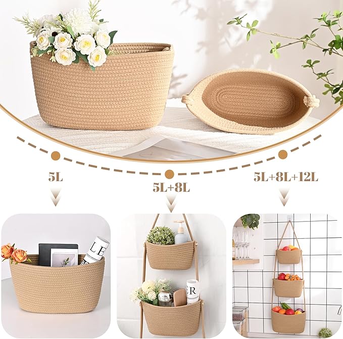 Hanging Storage Baskets, 3-Tier Over the Door Basket, Cotton Wall Baskets Storage, Detachable Hanging Door Basket with 4 Hooks, Over the Door Organizer Nursery for Bedroom, Living Room, Bathroom Wall
