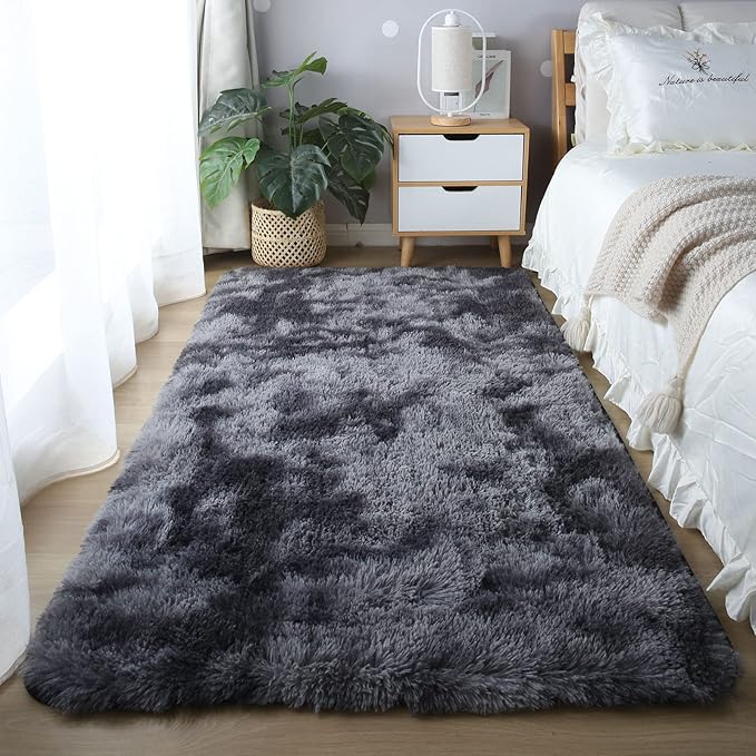 Grey Fluffy Area Rug 5x7 - Ultra Soft Shag Plush Rugs for Bedroom Living Room, Indoor Non-Slip Modern Nursery Faux Fur Floor Carpet for Kids Room,Tie-Dyed Dark Gray,