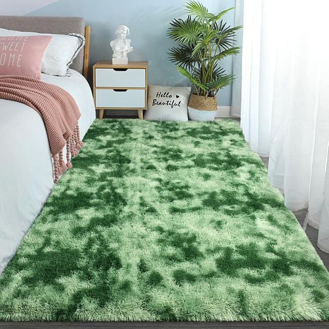 DweIke Fluffy Sage Green Shag Rugs for Bedroom Living Room, 4x6 Feet Soft Plush Tie-Dyed Mint Green Girls Boys Kids Rug, Non-Slip and Machine Washable Carpet for Dorm Nursery Classroom Decor