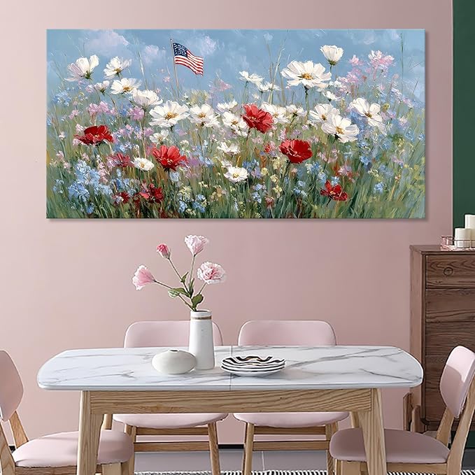 BewDalky American Flag Wildflower Field Canvas Wall Art for Home Decor, Patriotic Rustic Floral Landscape Art Print, USA Independence Day Artwork for Living Room, Bedroom, Bathroom Wall Decor 28"x58"