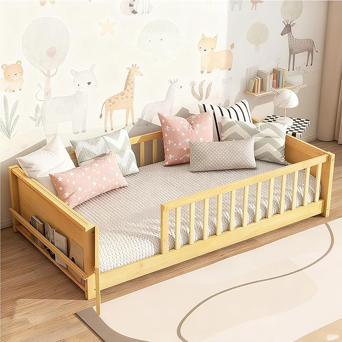 Twin Size Kids Montessori Floor Bed with Door,Twin Floor Bed Frame with Slats and Bookcase,Solid Wood Montessori Bed for Girls Boys,Natural