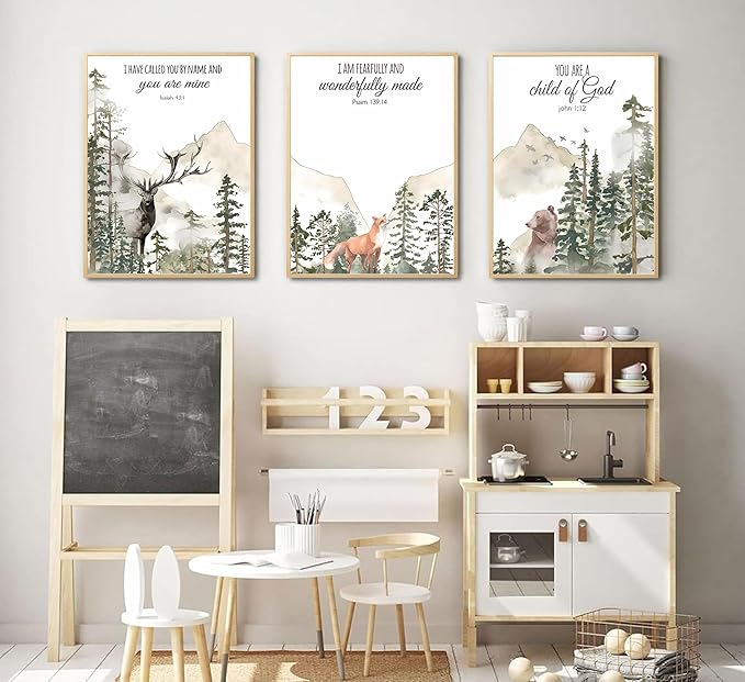 3pcs Forest Animals Bible Verse Wall Art Misty Forest Deer Bear Fox Paintings Canvas Prints Poster Inspirational Quotes Pictures Wall Decor for Home Bedroom Nursery Baby Room Playroom Decor Unframed