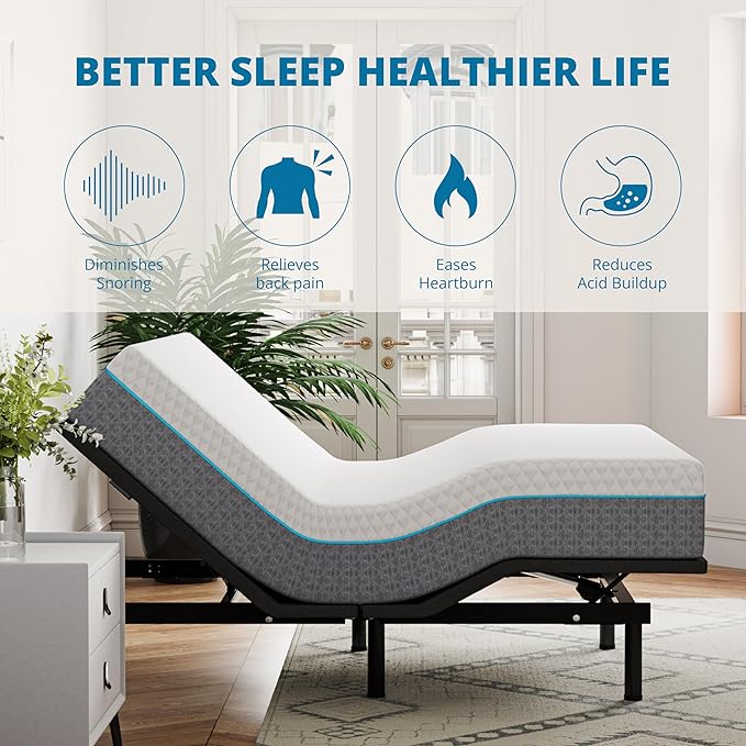 EGOHOME Split King Adjustable Bed Base Frame and 14 inch Charcoal Gel Memory Foam Mattress, Electric Foldable Metal Bed Base with Independent Head and Foot Incline, Wireless Remote,Zero Gravity