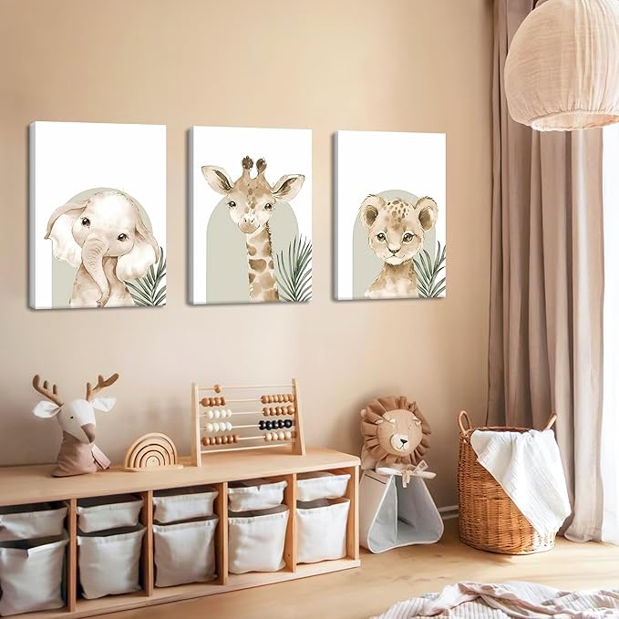 Nursery Wall Decor Set of 3, Cute Animal Lion Elephant Baby Pictures Poster Prints, Giraffe Jungle Canvas Wall Art Woodland Nursery Decor for Boys Girls Room Decoration 16x24 inch Framed