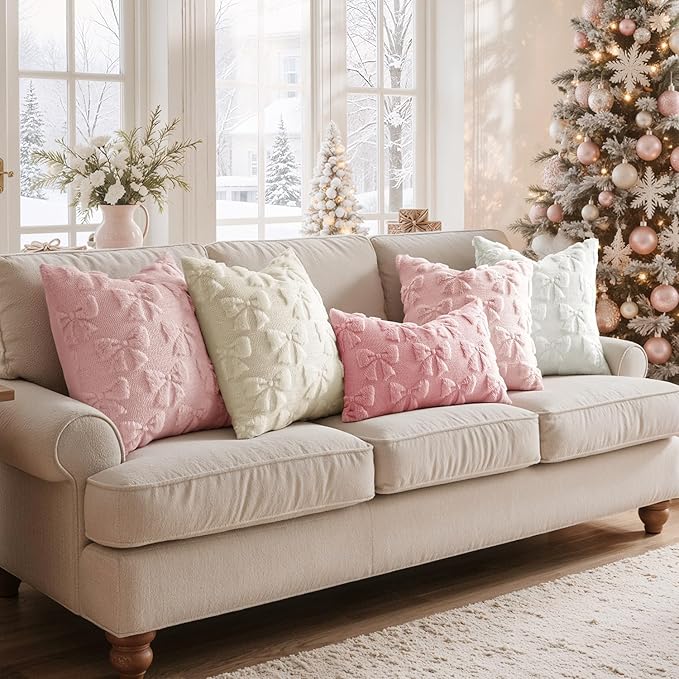 MIULEE Light Pink Bow Pillow Covers Coquette Room Decor Aesthetic Set of 2 Decorative Cute Girl Christmas Throw Pillow Soft Plush Faux Pillowcase for Girl Bed Couch Sofa,24x24 Inch