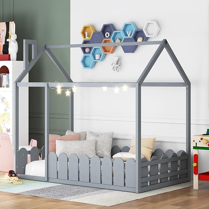 MERITLINE House Bed Wood Twin Bed Playhouse Bed Frame with Roof Twin Size House Bed for Girls Boys Kids, Box Spring Needed (Gray, Twin)