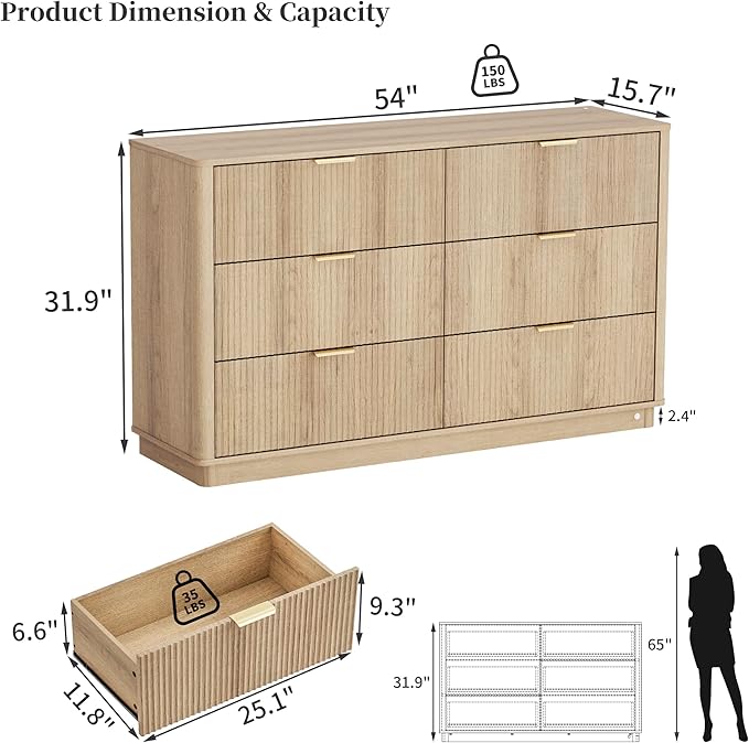 Fluted Dresser for Bedroom with 6 Drawers, 54" Wide Modern Chest of Drawers with Lighting, Wooden Dresser TV Stand with Curved Edges, Closet Organizer for Living Room, Hallway,Natural