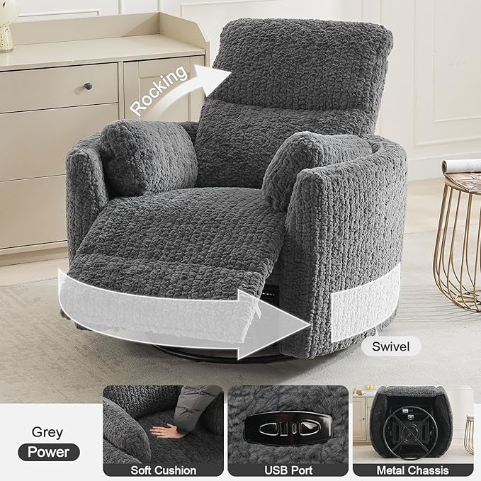 Swivel Glider Recliner, Boucle Upholstery Recliner with 2 Pillow, Nursery Glider Rocker Chair, Power Reclining Sofa Chair for Living Room/Office/Apartment/Dark Gray