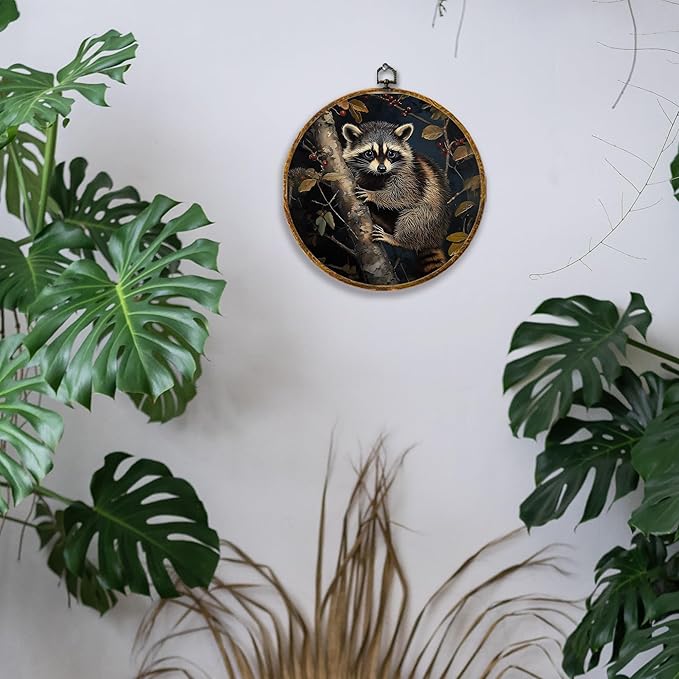 Hiuwevt Raccoon Round Wall Art Decor, Vintage Dark Moody Academia Botanical Trash Panda Framed Canvas Prints, Cottagecore Raccoon Round Wall Hanging Decor for Bedroom Home Decorations, 10x10 Inches