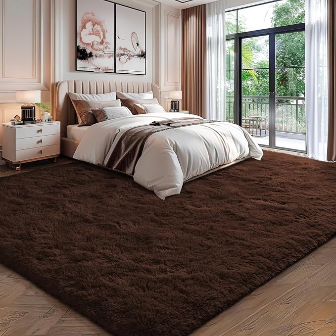 EVOIONOS 7x10 Washable Large Area Rug for Living Room, Fluffy Shag Rug for Bedroom, Ultra Soft Plush Non Slip Carpet for Indoor Floor Bedside Nursery Kids Girls Room Dorm, Home Decor Aesthetic Coffee