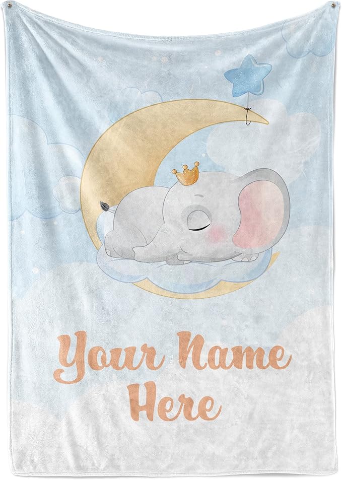 Personalized Baby Blankets with Name | Custom Elephant Newborn Blanket for Baby Girl and Baby Boy | Unisex Warm Soft Fleece Swaddle Blanket Minky | (Elephant, Fleece 50"x60")