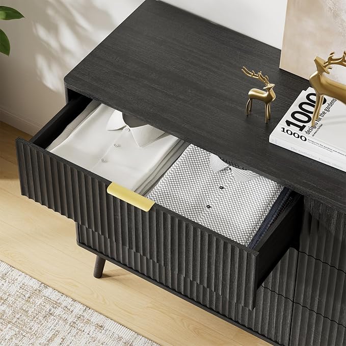 LYNSOM 55" Wide Fluted Dresser for Bedroom with 7 Drawer, Modern Chest of Drawers with Curved Profile Design and Metal Handles, Wood Dresser TV Stand & Storage Organizer for Living Room, Black