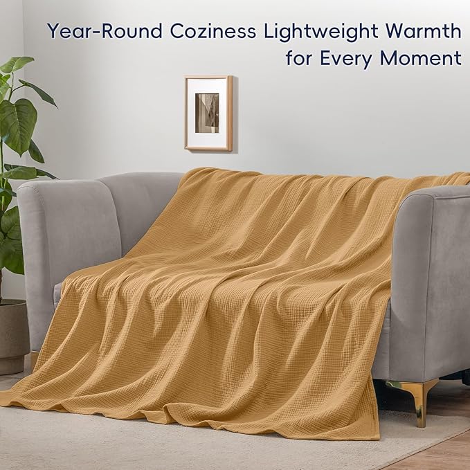 PHF 100% Cotton Muslin Throw Blanket 50" x 60", 4-Layer Lightweight Gauze Throw, Breathable Cloud-Soft Minimalist Blanket for Bed, Couch, Camping & Baby, Amber, Ideal Gift