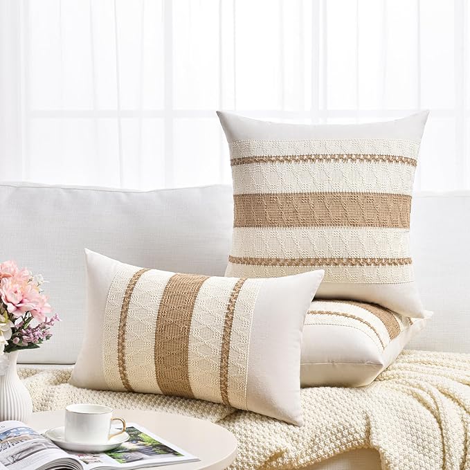 Fancy Homi Set of 2 Boho Neutral Long Lumbar Decorative Throw Pillow Cover 14x24 Inch for Couch Bed Sofa Chair, Modern Organic Farmhouse Home Decor, Soft Cotton Cute Accent Tan Rectangle Cushion Case