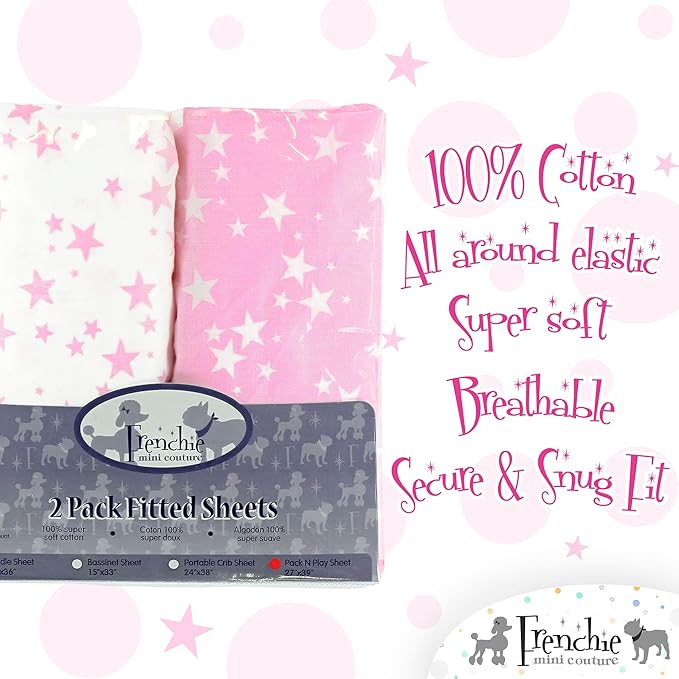 Frenchie Mini Couture Fitted Pack N Play Sheets 100% Woven Cotton Standard Mattress, Pink Stars, 27 x 39in, 2-Pack
