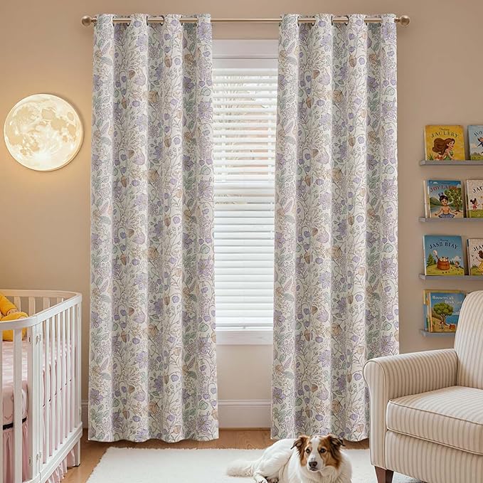 jinchan Nursery Curtains 95% Blackout Purple Floral Curtains for Girls Room, 84 Inch Length Farmhouse Drapes for Bedroom Living Room Darkening Window Treatment Grommet Top Set of 2 Panels