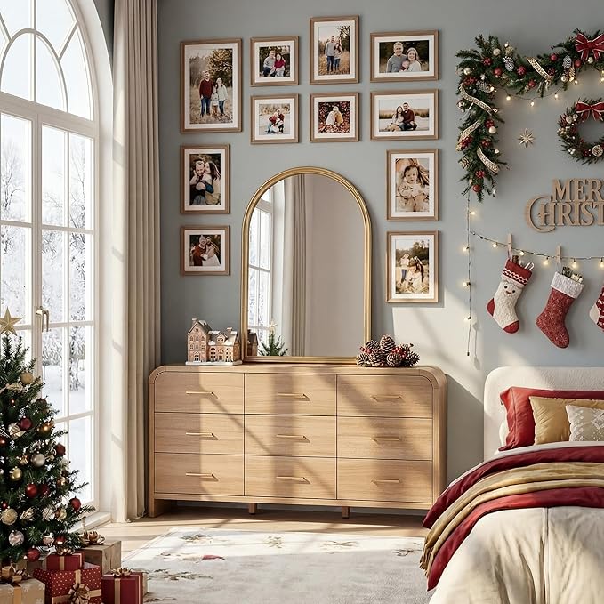 Curved 9-Drawer Dresser for Bedroom, 63" Wide Modern Chest of Drawers, Vanity Desk TV Stand for Living Room, Closet Storage Drawers Organizer Furniture, Nursery, Hallway, Oak