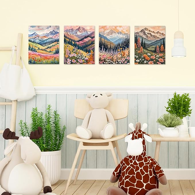 JINYO Boho Abstract Wildflower Mountain Scenery Wall Art Prints Set of 4, Modern Maximalist Colorful Floral Wall Decor Posters Pictures for Home Bedroom Living Room, 8x10 Unframed