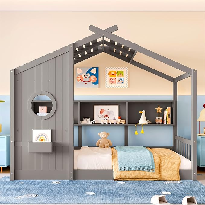 Twin Size Floor House Bed with Roof and Window for Kids, Wooden Playhouse Bed with Storage Shelves for Bedroom Furniture Girls & Boys (Gray/L2, Twin)